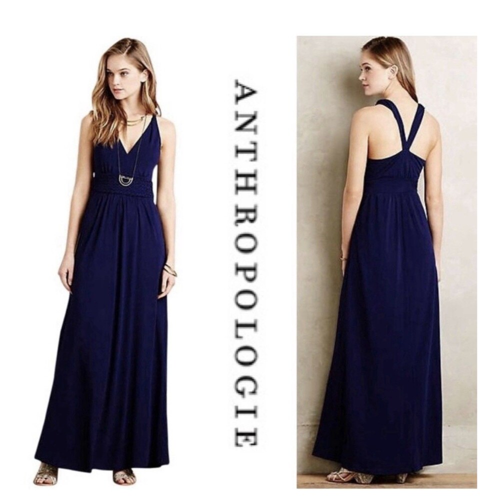 MAEVE ANTHROPOLOGIE Yuma Navy V-Neck Crisscross Back Maxi Dress Size 12